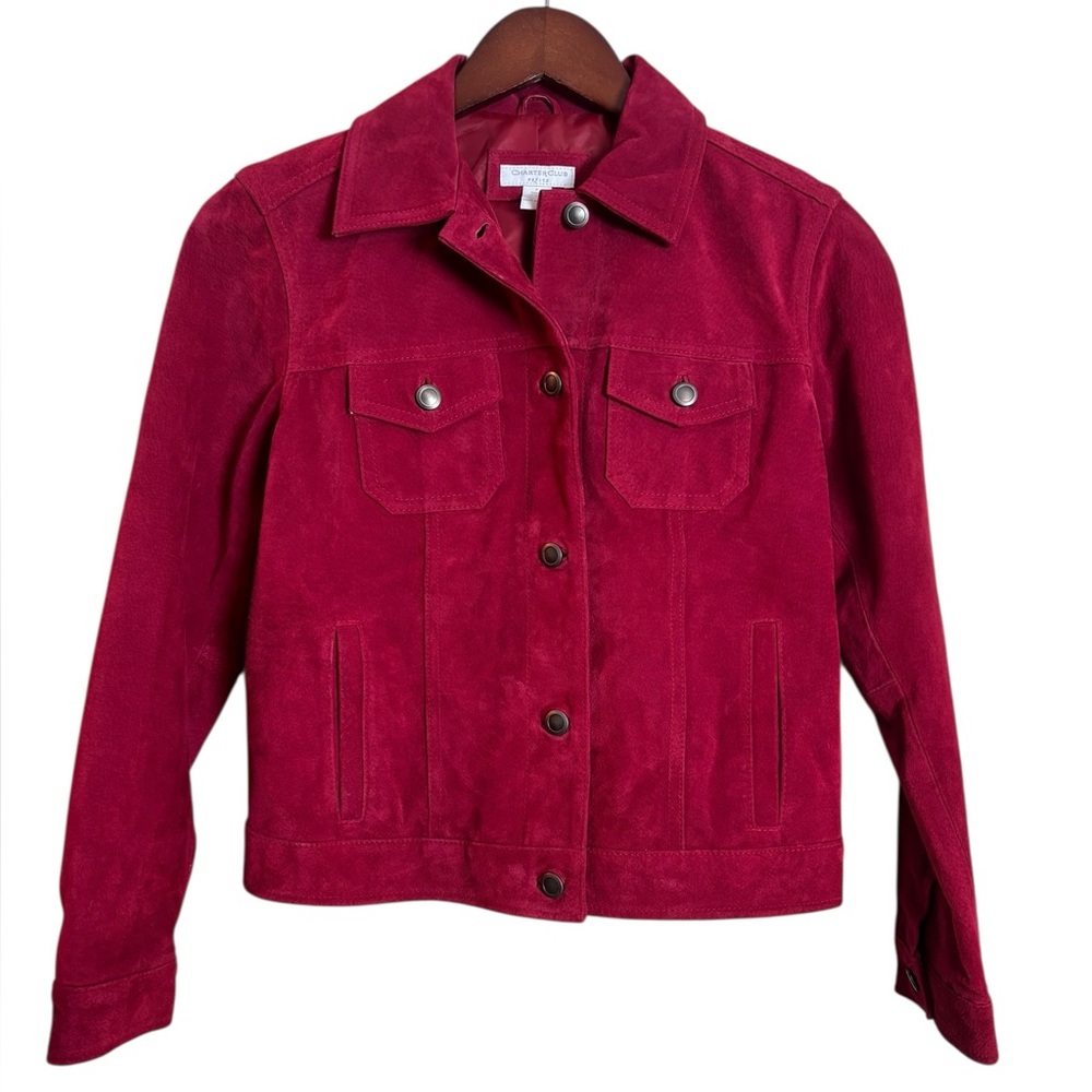 Charter Club Red Suede Leather Trucker Jacket Size Petite Small Vintage 90's Y2K